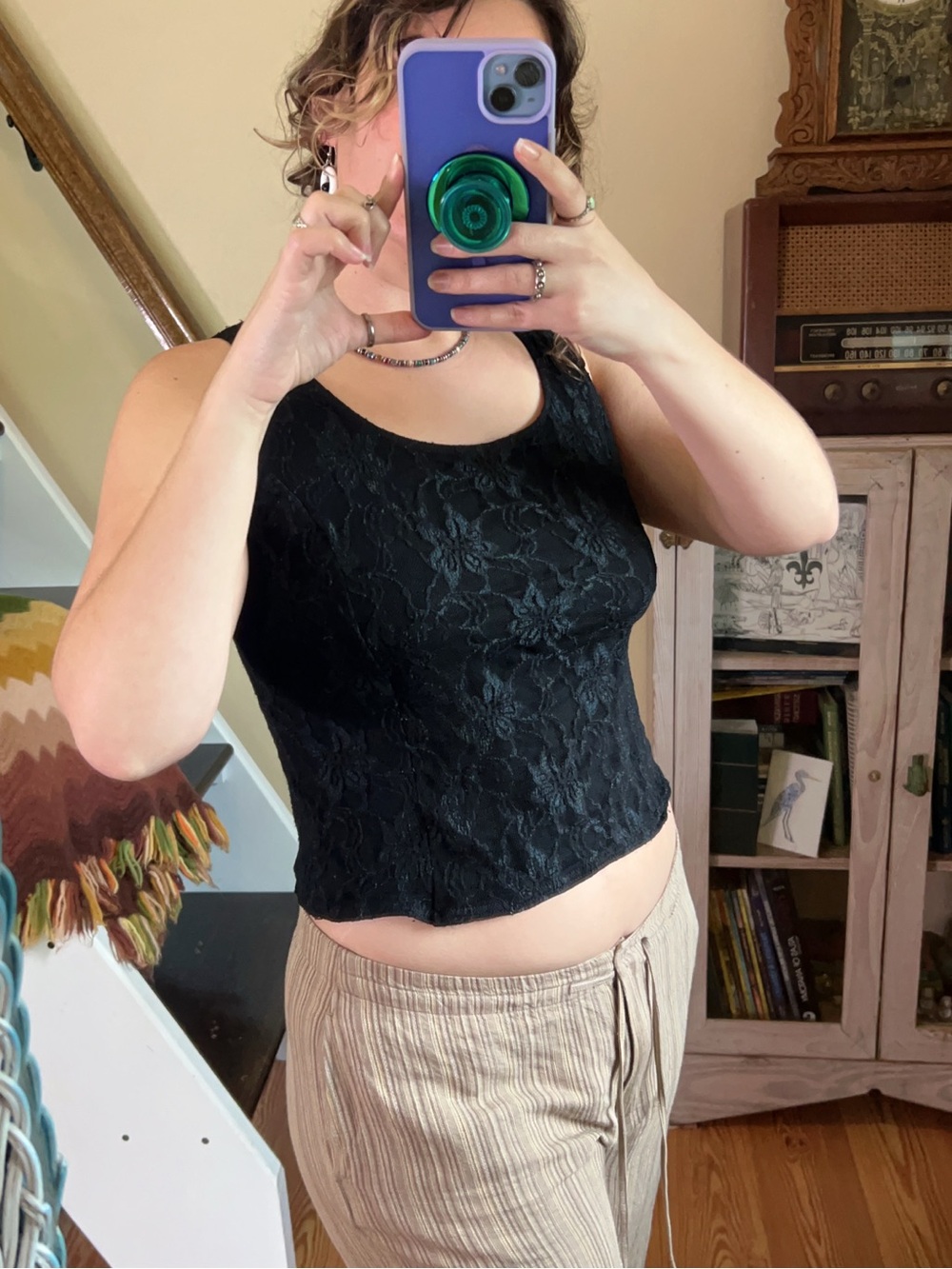 Vintage Black Floral Lace Crop Tank Top Fitted Minimalist Whimsygoth